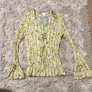 H&M NWT Sheer Yellow Floral Blouse with Tie Accents